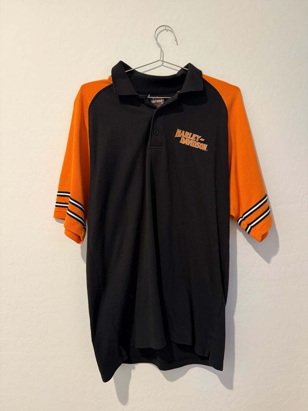 Harley-Davidson Black and Orange Short Sleeve Polo Shirt with Striped Sleeves